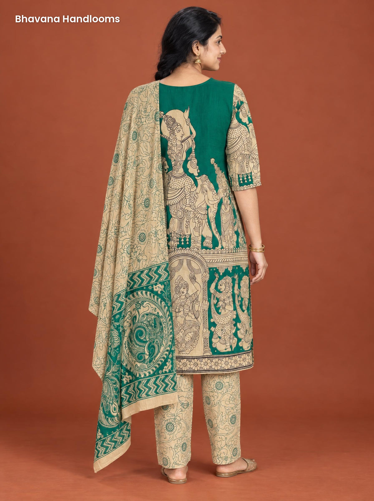Emerald Green Kalamkari Ramayanam 3PC Kurti Set with Elastic Bottom