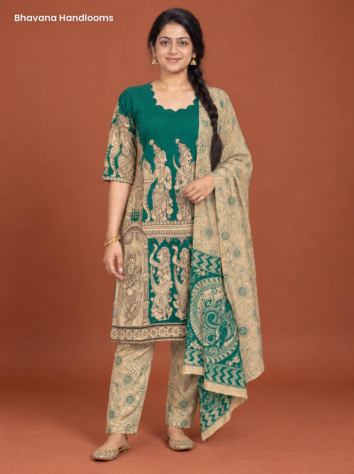 Emerald Green Kalamkari Ramayanam 3PC Kurti Set with Elastic Bottom