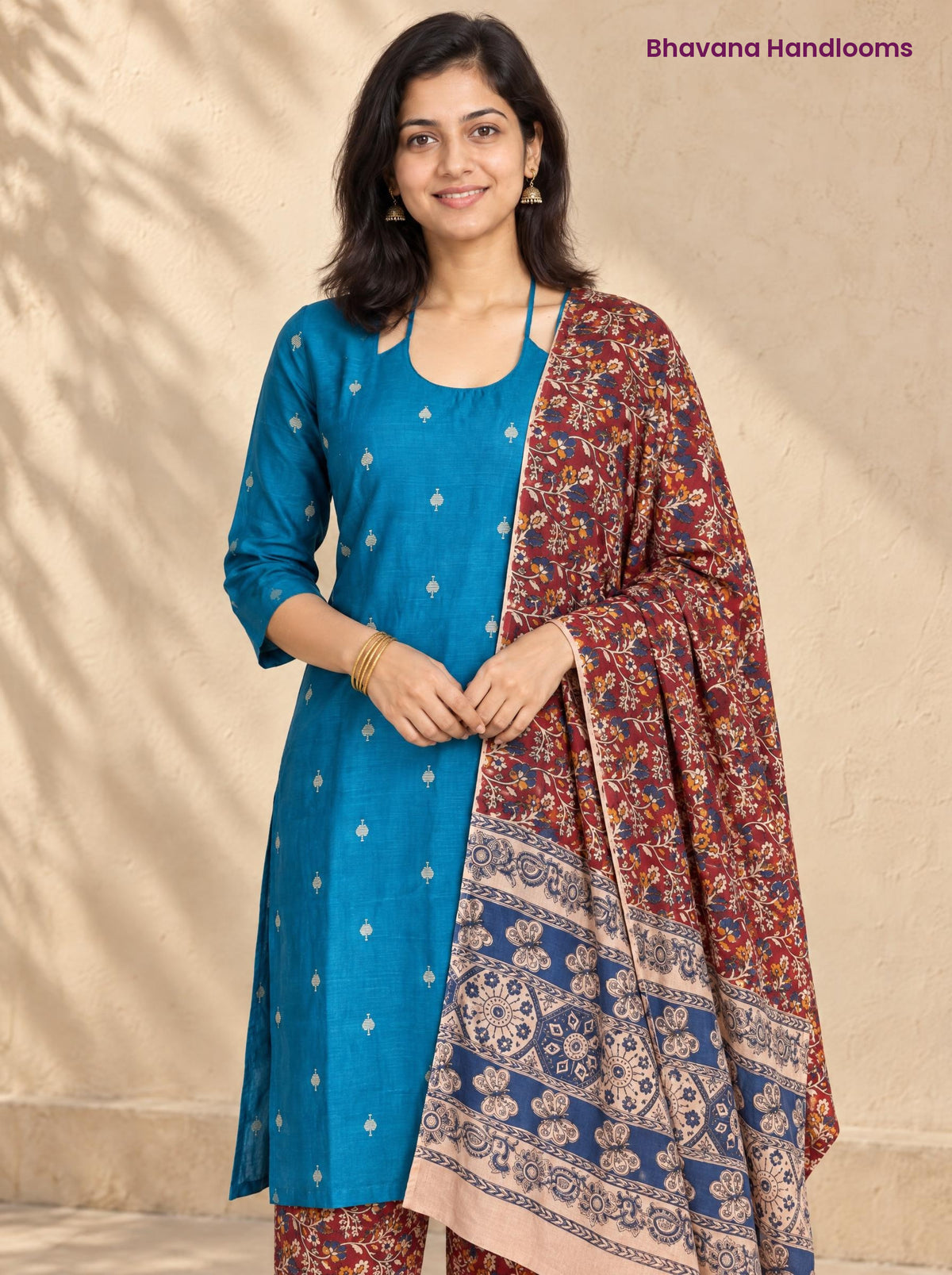 Turquoise Blue Raw Silk 3PC Set · Maroon & Blue Kalamkari Dupatta