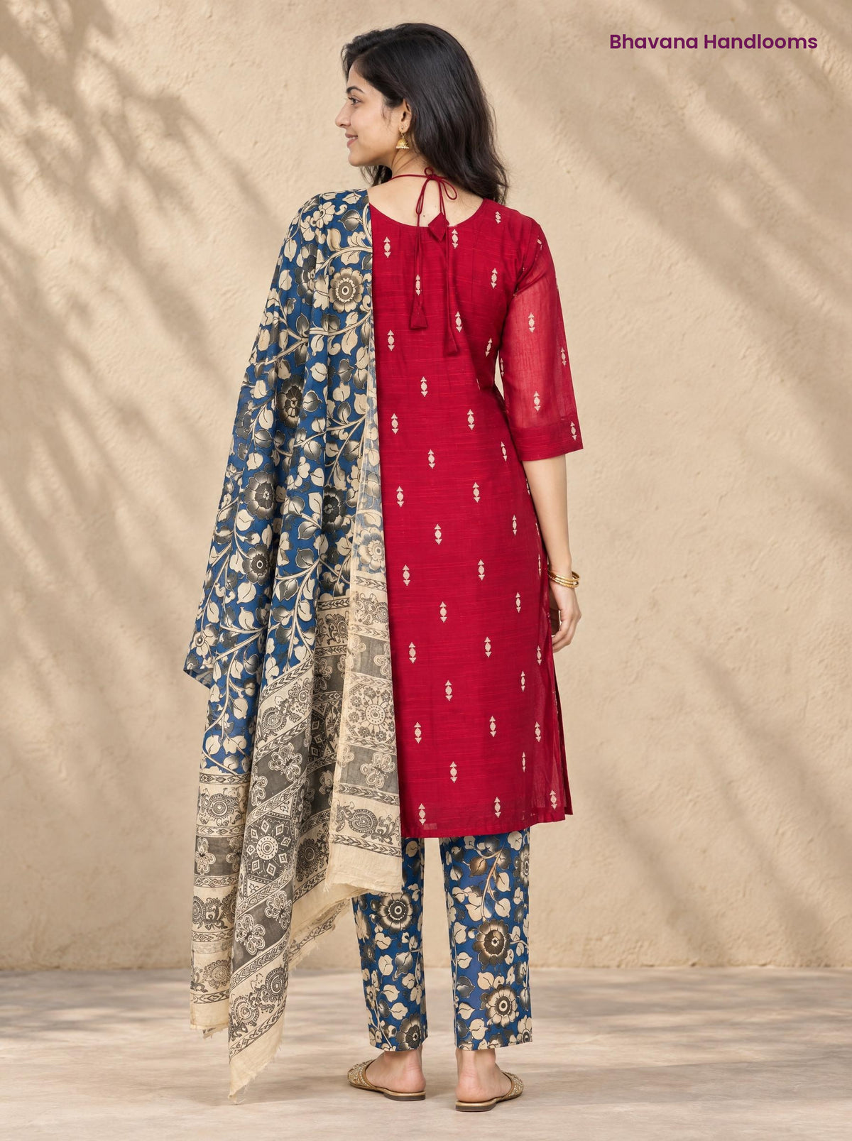 Red Raw Silk 3PC Set · Navy Blue Kalamkari Dupatta