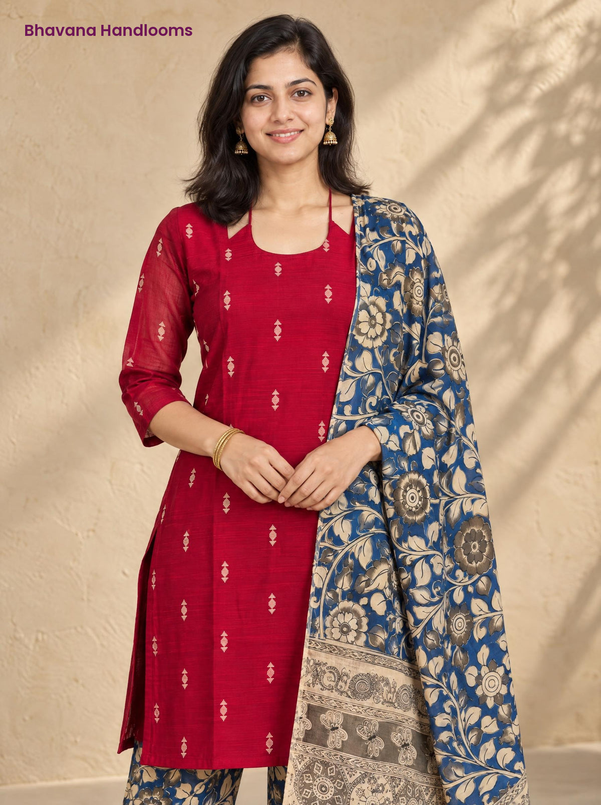 Red Raw Silk 3PC Set · Navy Blue Kalamkari Dupatta