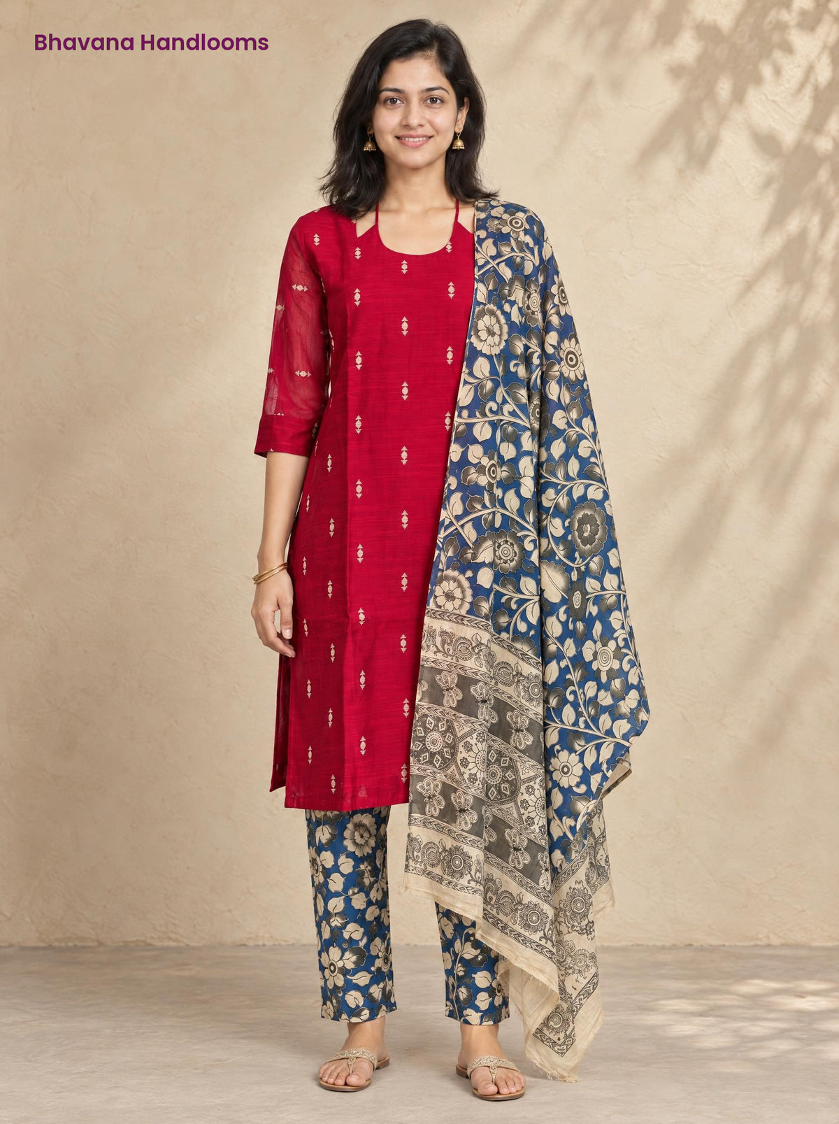 Red Raw Silk 3PC Set · Navy Blue Kalamkari Dupatta