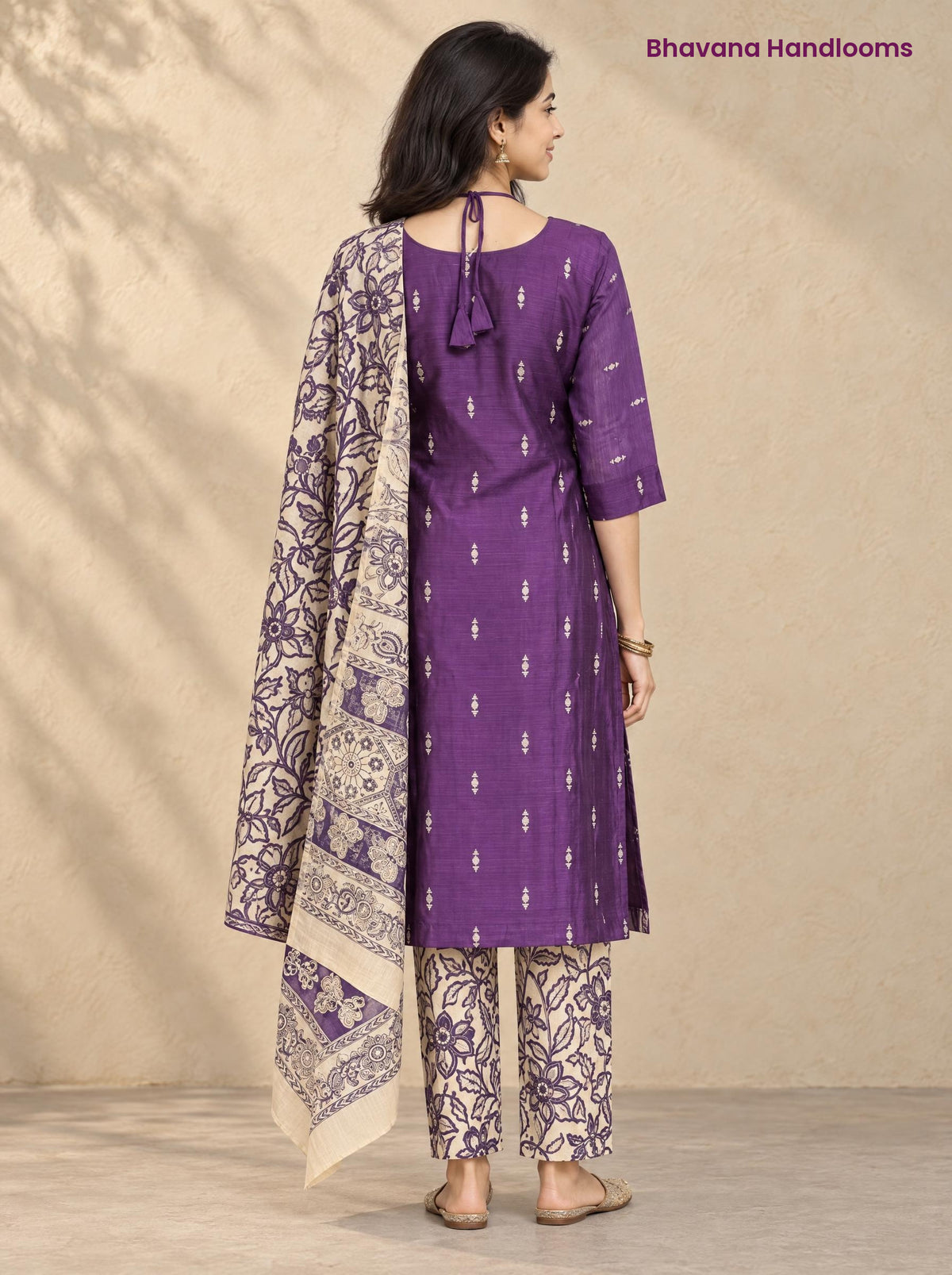 Purple Raw Silk 3PC Set · Purple & Cream Kalamkari Dupatta