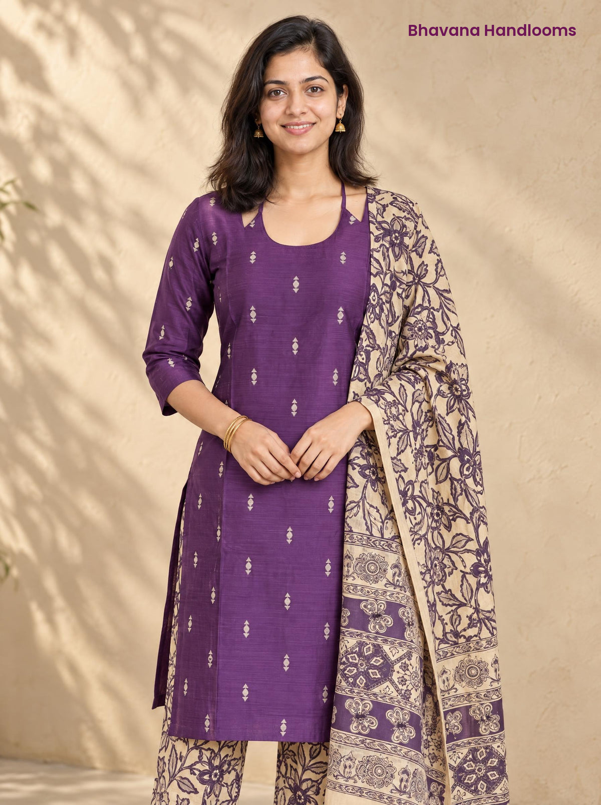 Purple Raw Silk 3PC Set · Purple & Cream Kalamkari Dupatta