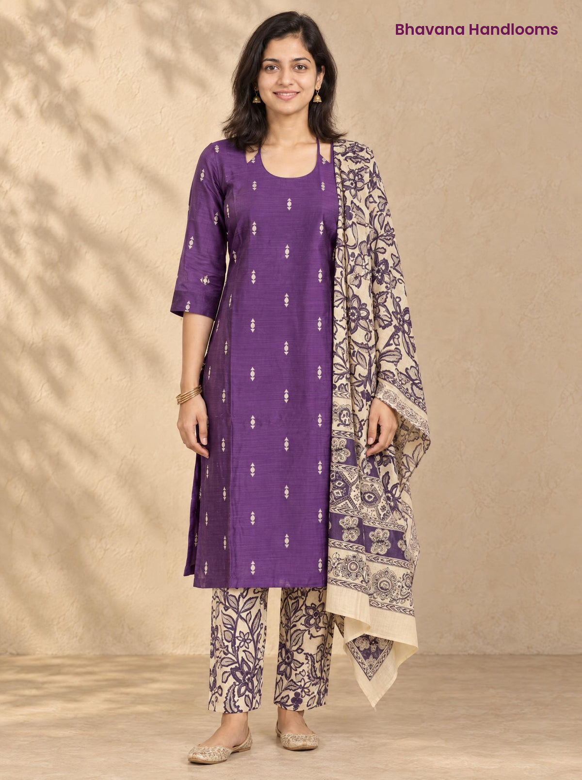 Purple Raw Silk 3PC Set · Purple & Cream Kalamkari Dupatta