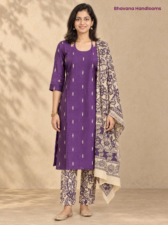 Purple Raw Silk 3PC Set · Purple & Cream Kalamkari Dupatta