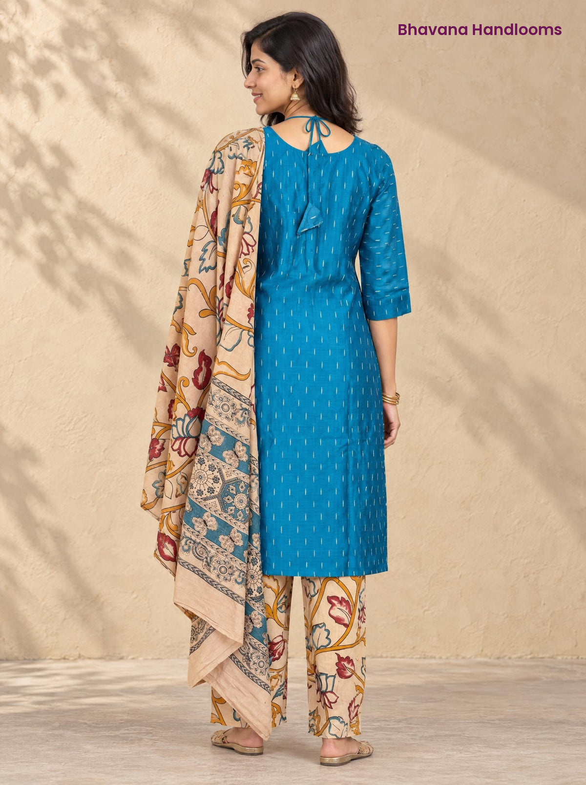 Turquoise Blue Raw Silk 3PC Set · Cream Kalamkari Dupatta
