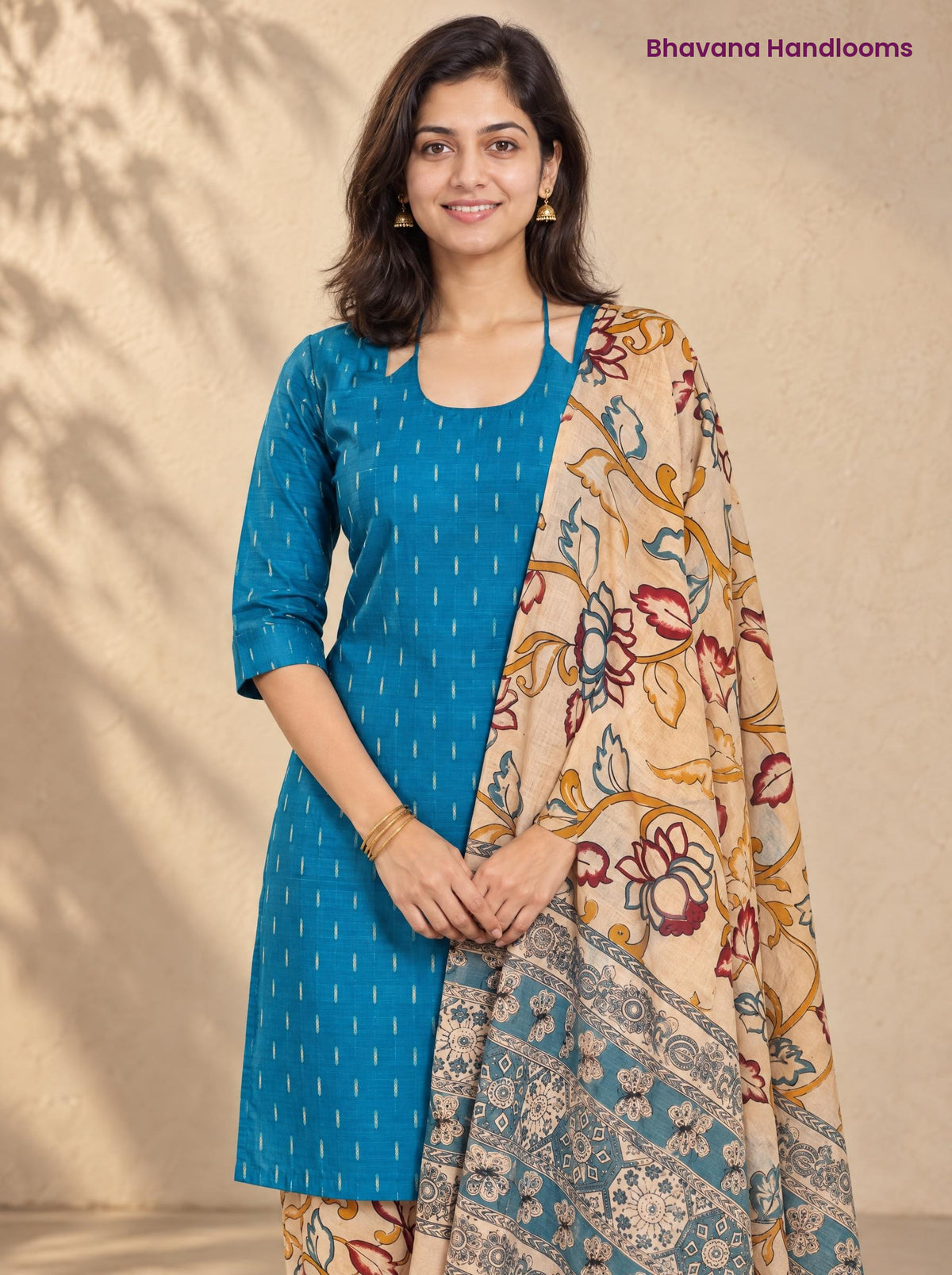Turquoise Blue Raw Silk 3PC Set · Cream Kalamkari Dupatta