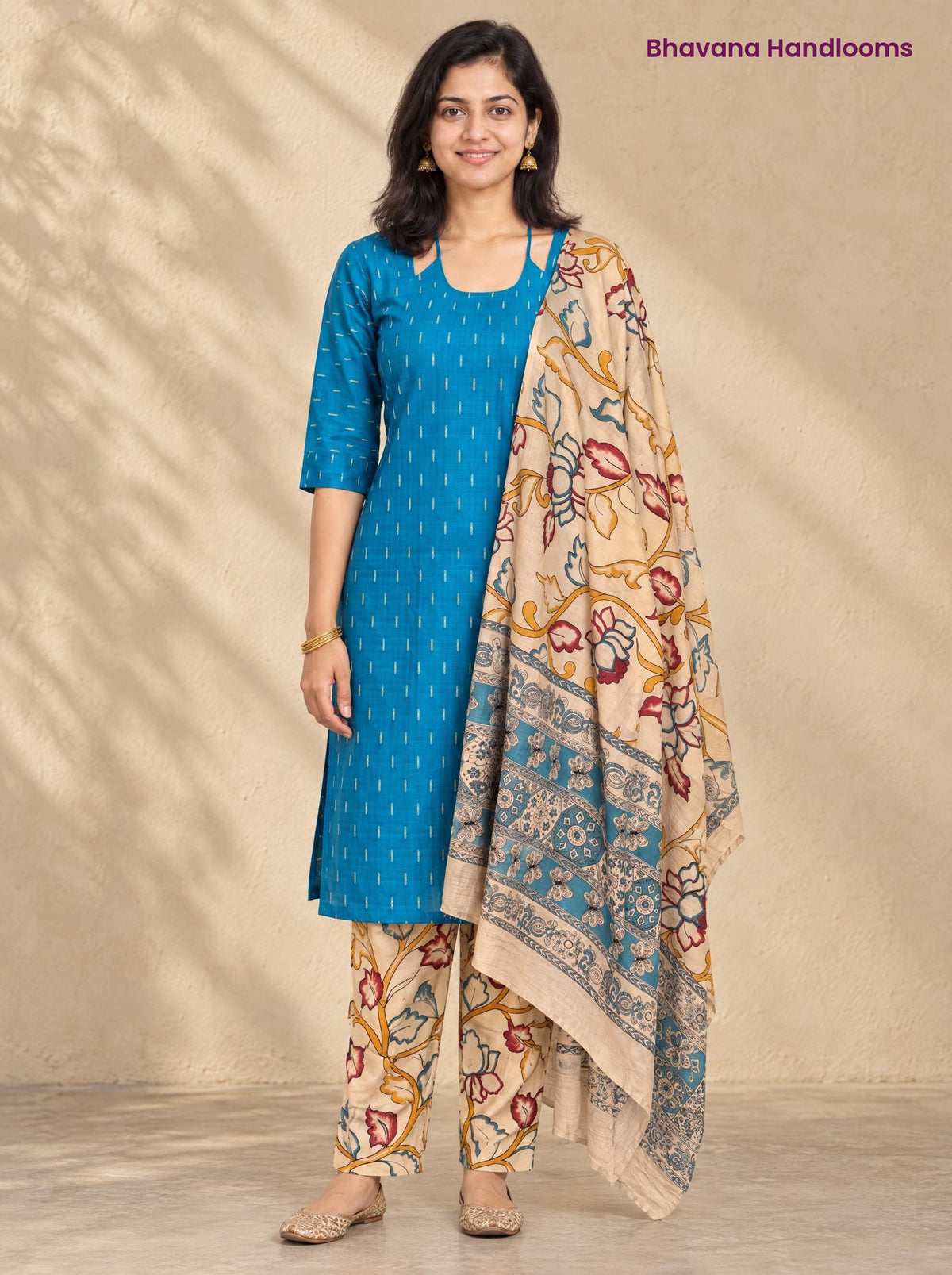 Turquoise Blue Raw Silk 3PC Set · Cream Kalamkari Dupatta