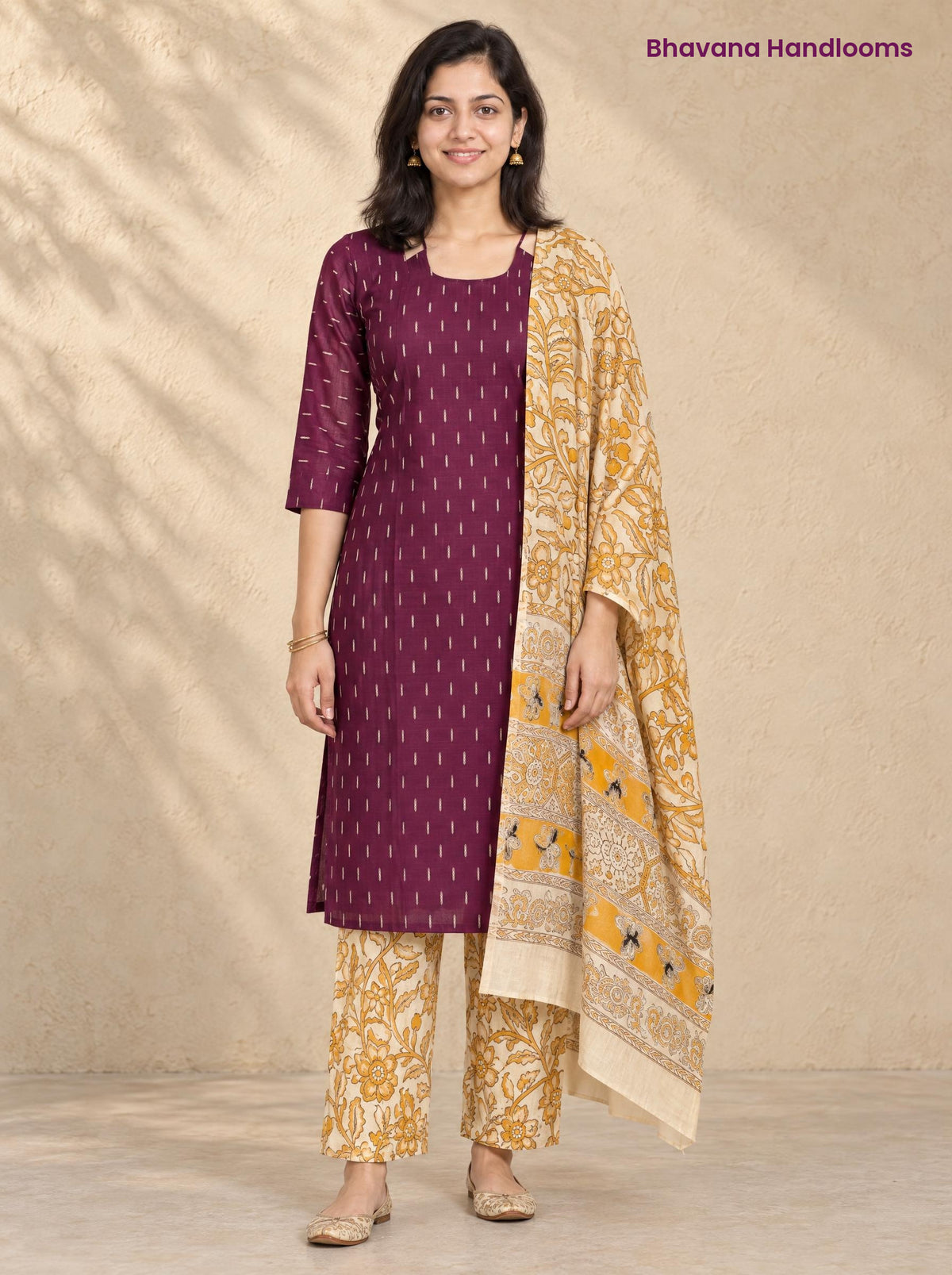 Wine Raw Silk 3PC Set · Mustard Yellow Kalamkari Dupatta
