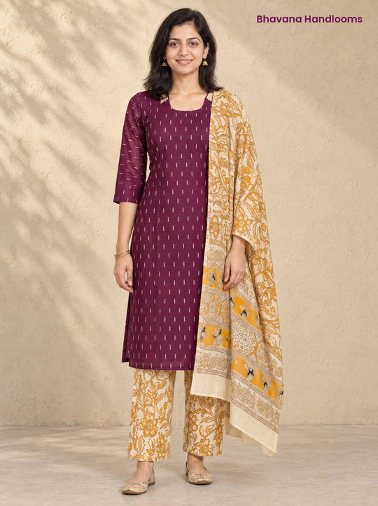 Wine Raw Silk 3PC Set · Mustard Yellow Kalamkari Dupatta