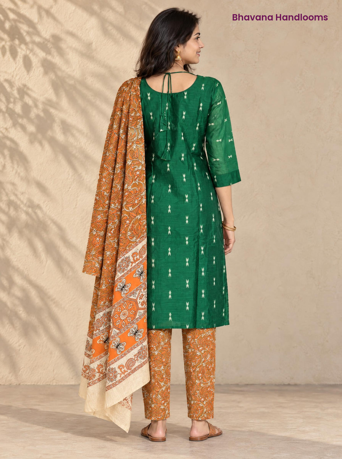 Bottle Green Raw Silk 3PC Set · Rust Orange Kalamkari Dupatta