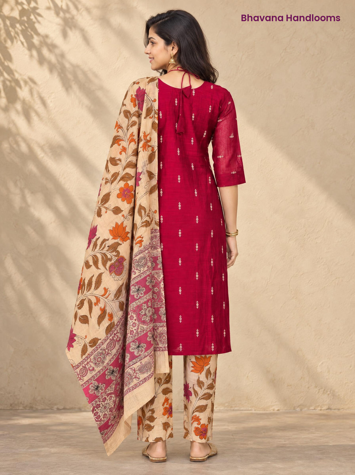 Rani Pink Raw Silk 3PC Set · Cream & Pink Kalamkari Dupatta