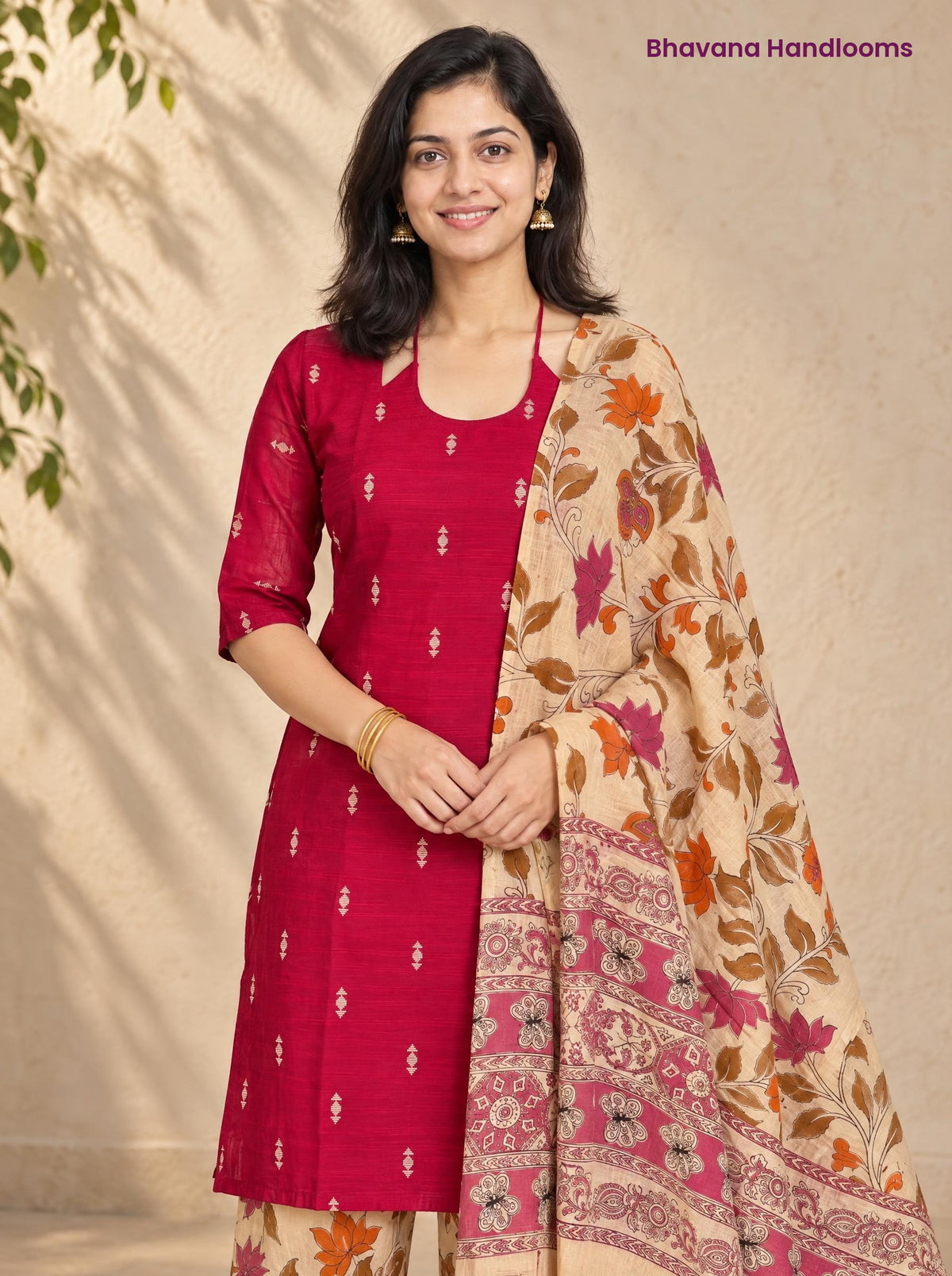 Rani Pink Raw Silk 3PC Set · Cream & Pink Kalamkari Dupatta