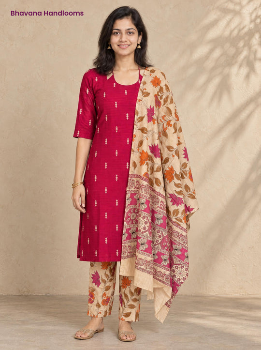 Rani Pink Raw Silk 3PC Set · Cream & Pink Kalamkari Dupatta