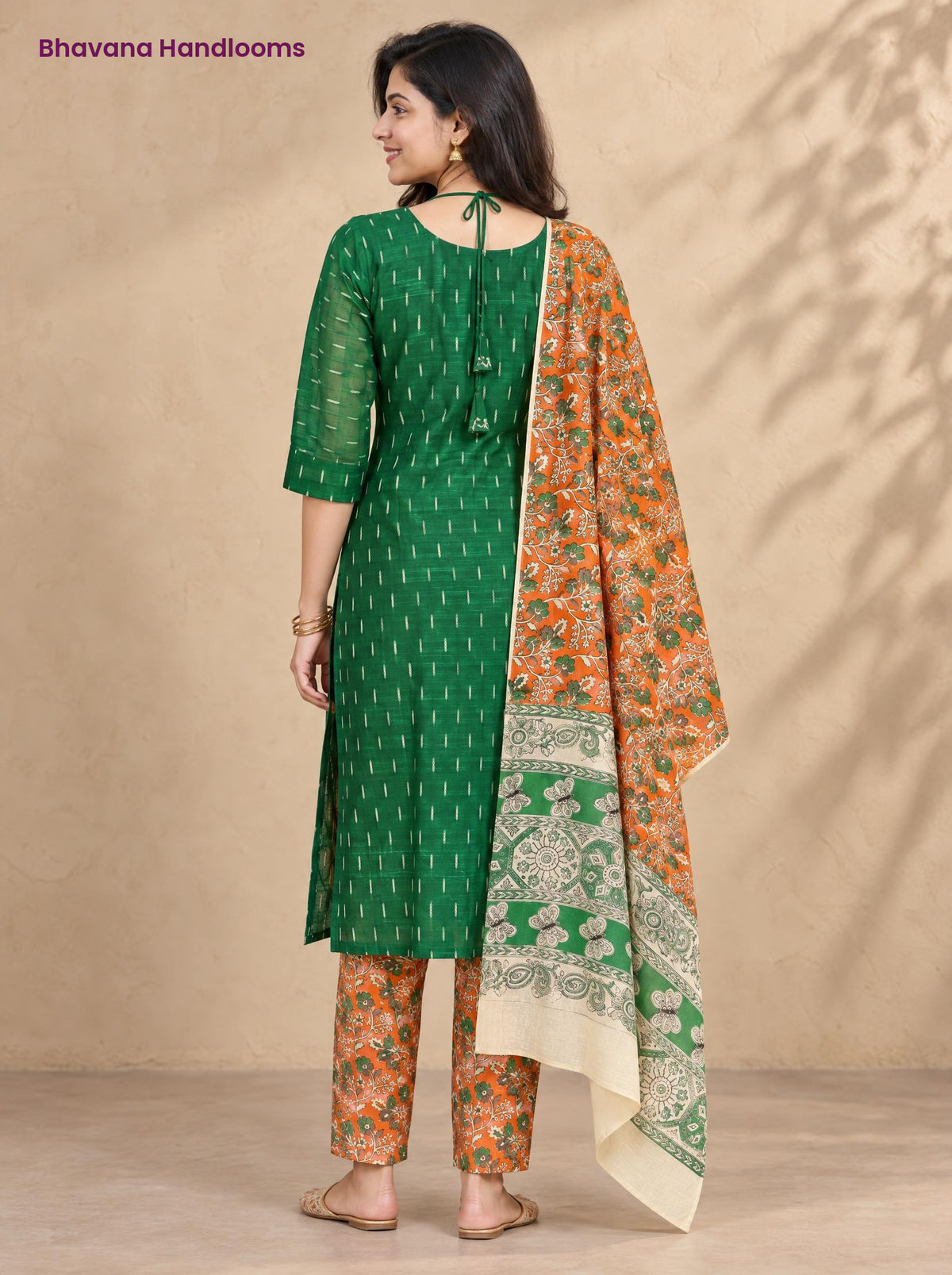Bottle Green Raw Silk 3PC Set · Orange & Cream Kalamkari Dupatta