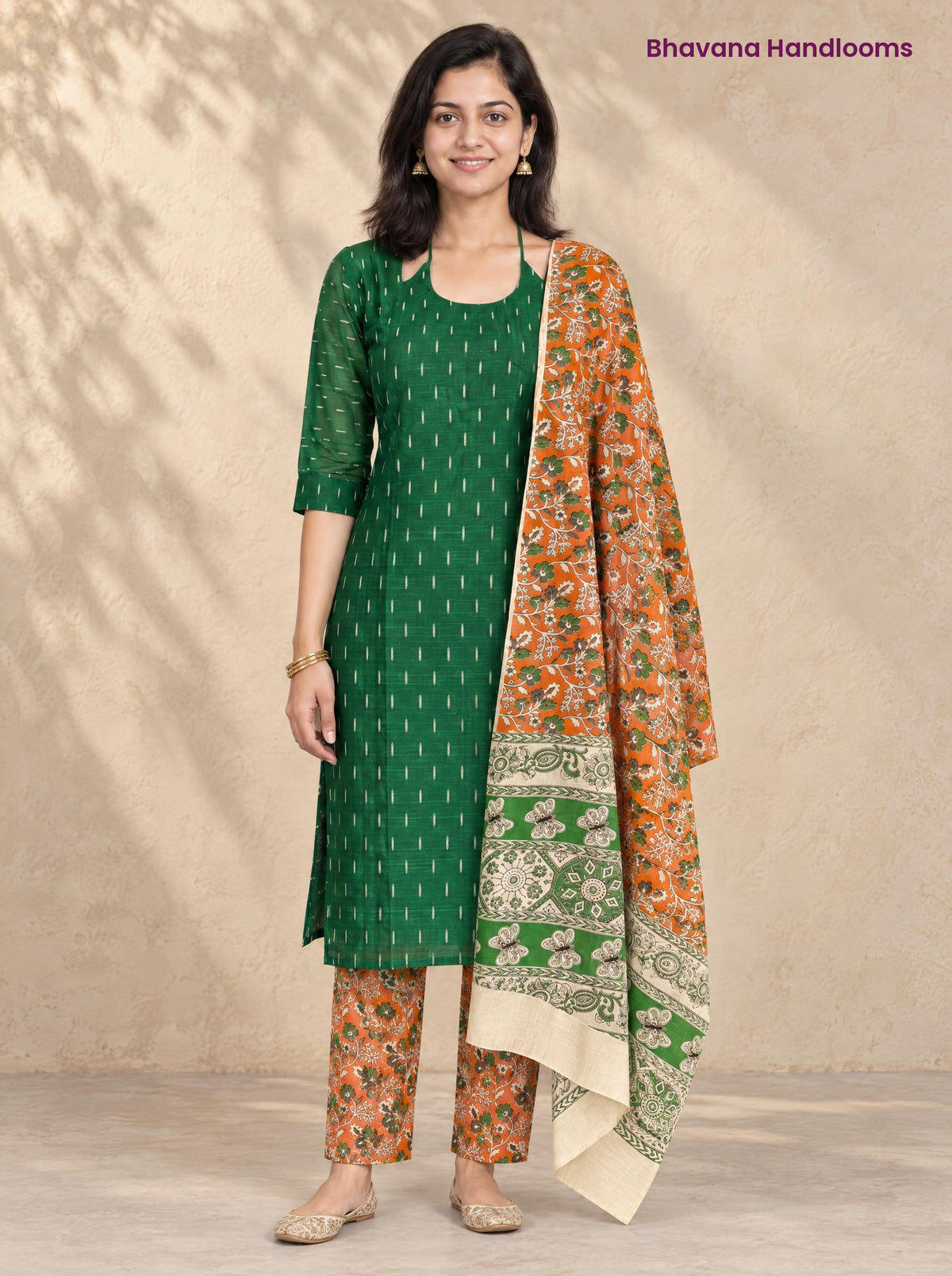 Bottle Green Raw Silk 3PC Set · Orange & Cream Kalamkari Dupatta