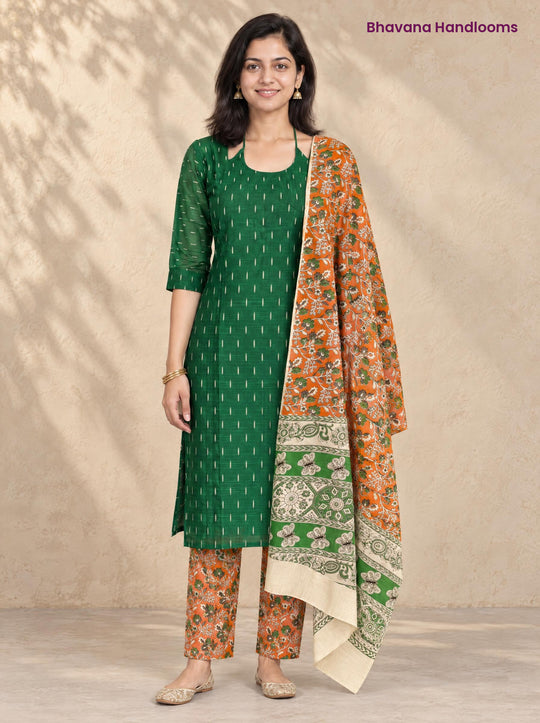 Bottle Green Raw Silk 3PC Set · Orange & Cream Kalamkari Dupatta