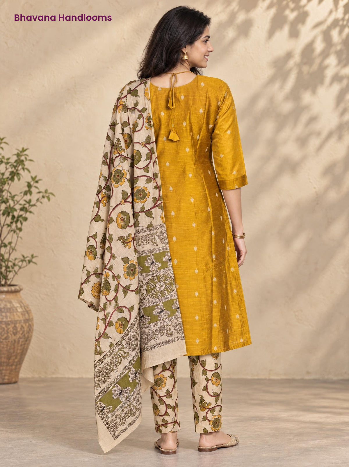Mustard Yellow Raw Silk 3PC Set · Olive & Cream Kalamkari Dupatta