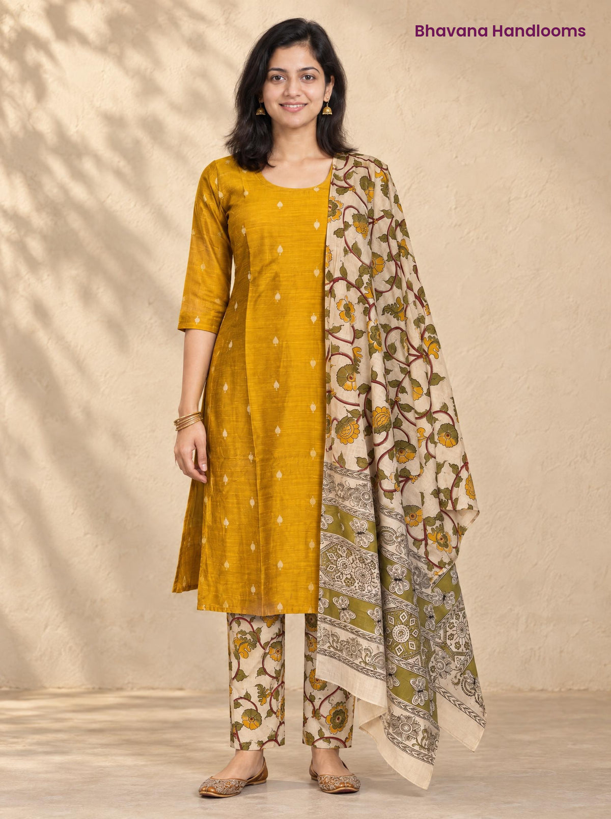 Mustard Yellow Raw Silk 3PC Set · Olive & Cream Kalamkari Dupatta