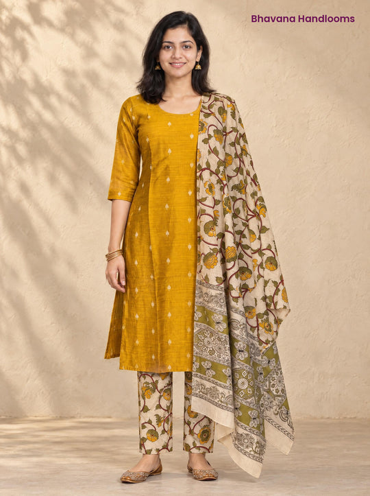 Mustard Yellow Raw Silk 3PC Set · Olive & Cream Kalamkari Dupatta