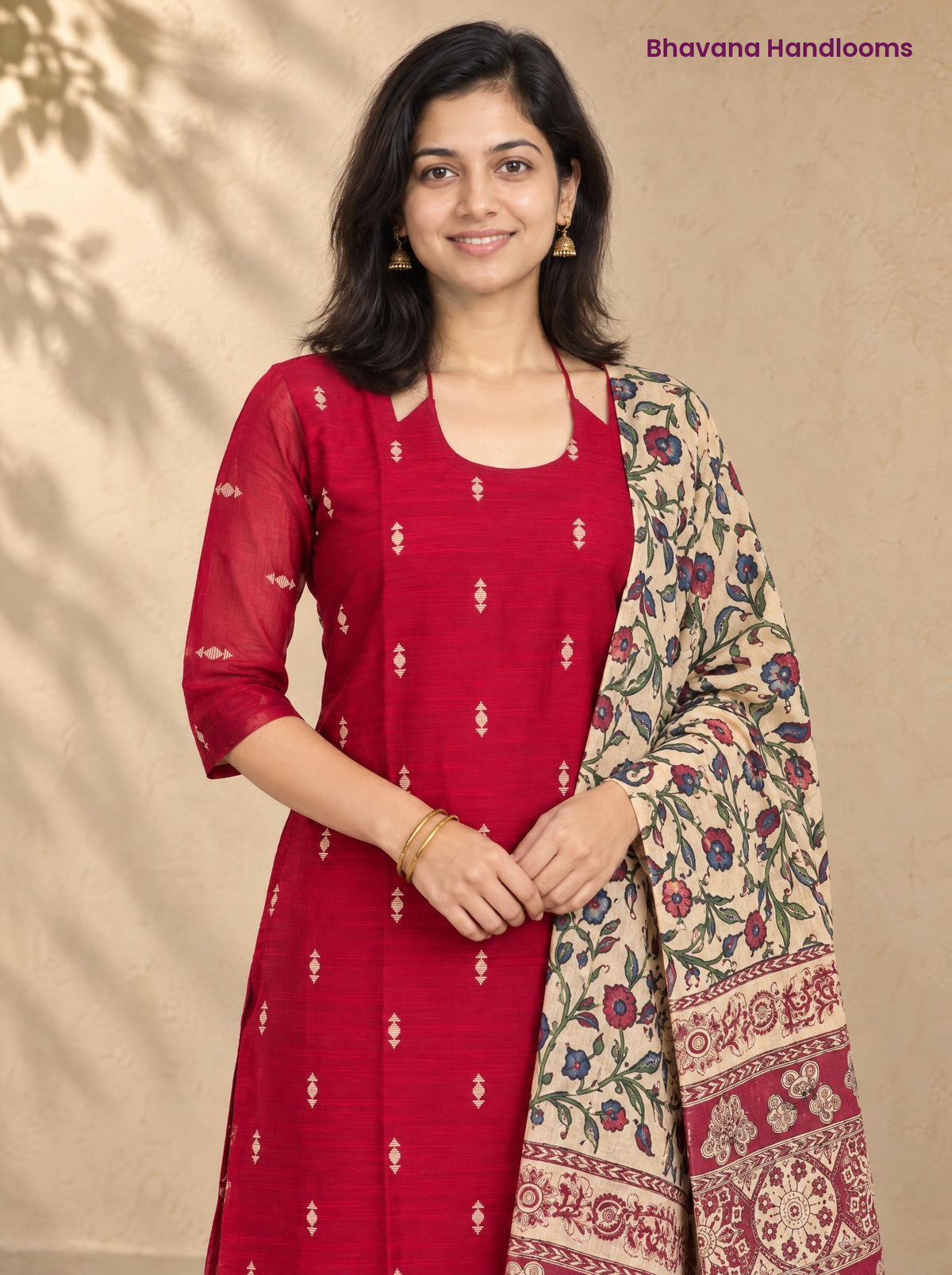 Red Raw Silk 3PC Set · Cream Multicolour Kalamkari Dupatta