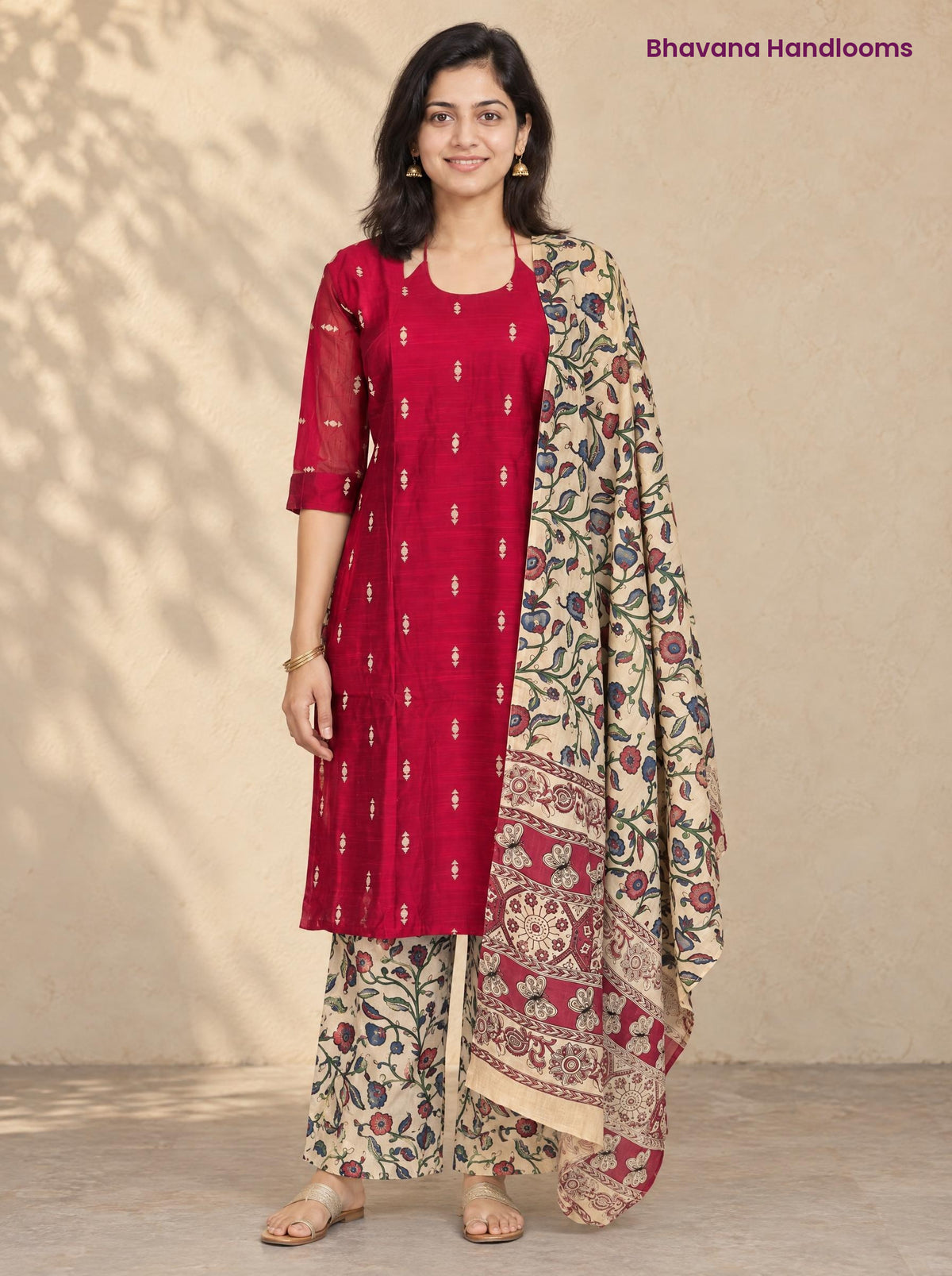 Red Raw Silk 3PC Set · Cream Multicolour Kalamkari Dupatta