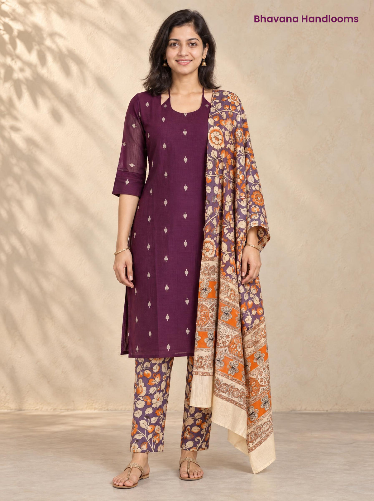 Wine Raw Silk 3PC Set · Multicolour Kalamkari Dupatta