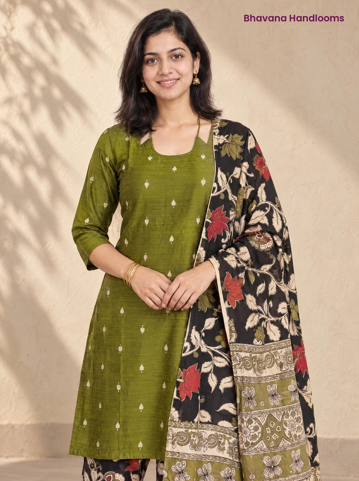 Olive Green Raw Silk 3PC Set · Black Kalamkari Dupatta