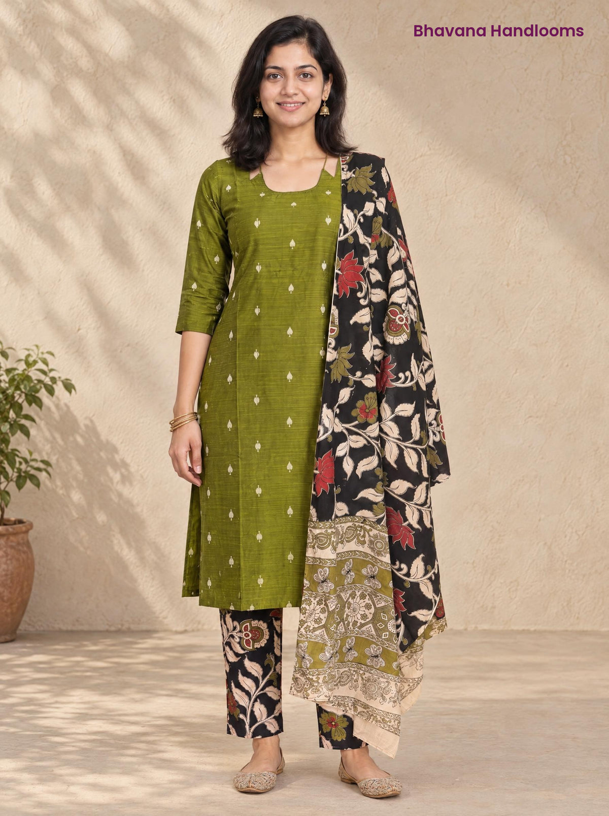 Olive Green Raw Silk 3PC Set · Black Kalamkari Dupatta