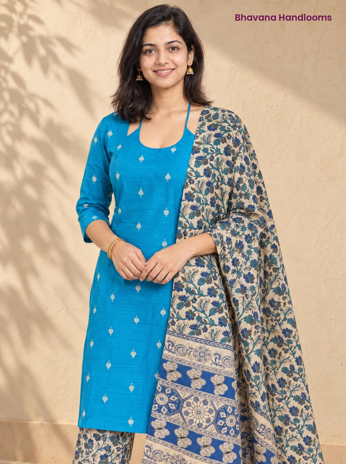 Sky Blue Raw Silk 3PC Set · Blue & Cream Kalamkari Dupatta
