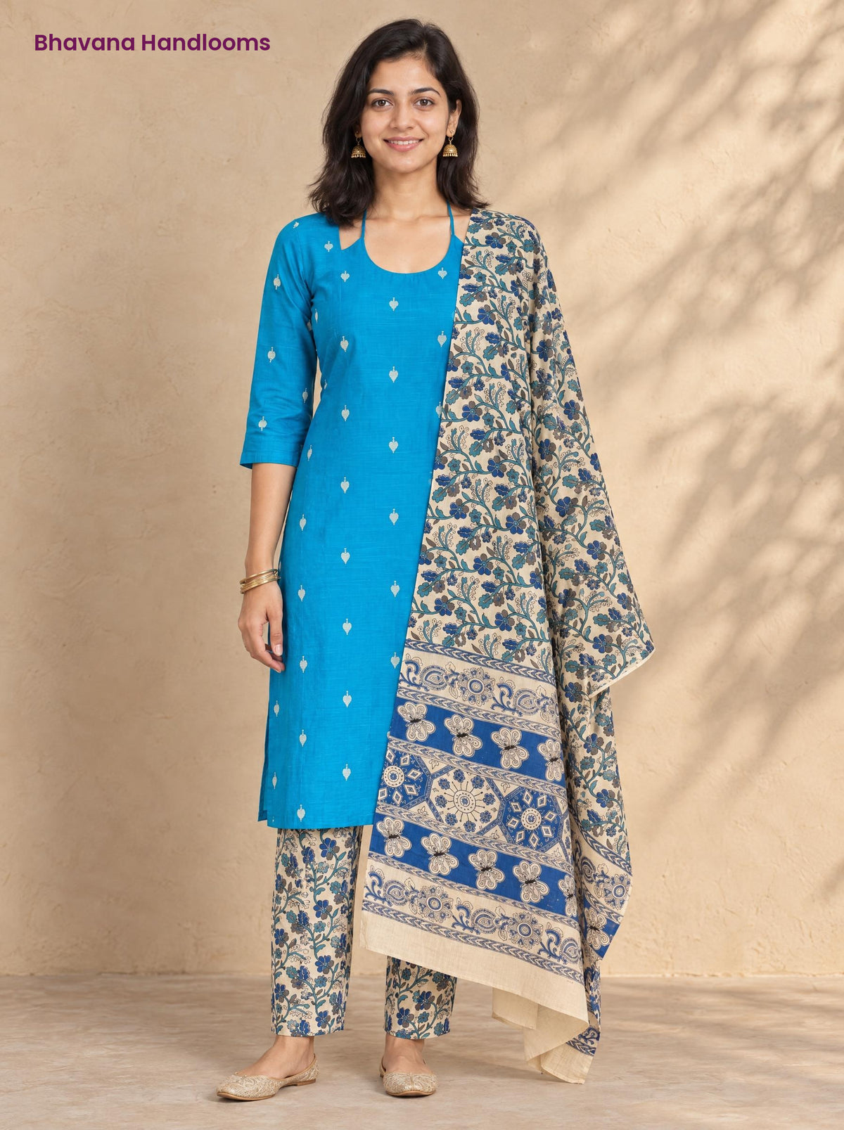 Sky Blue Raw Silk 3PC Set · Blue & Cream Kalamkari Dupatta