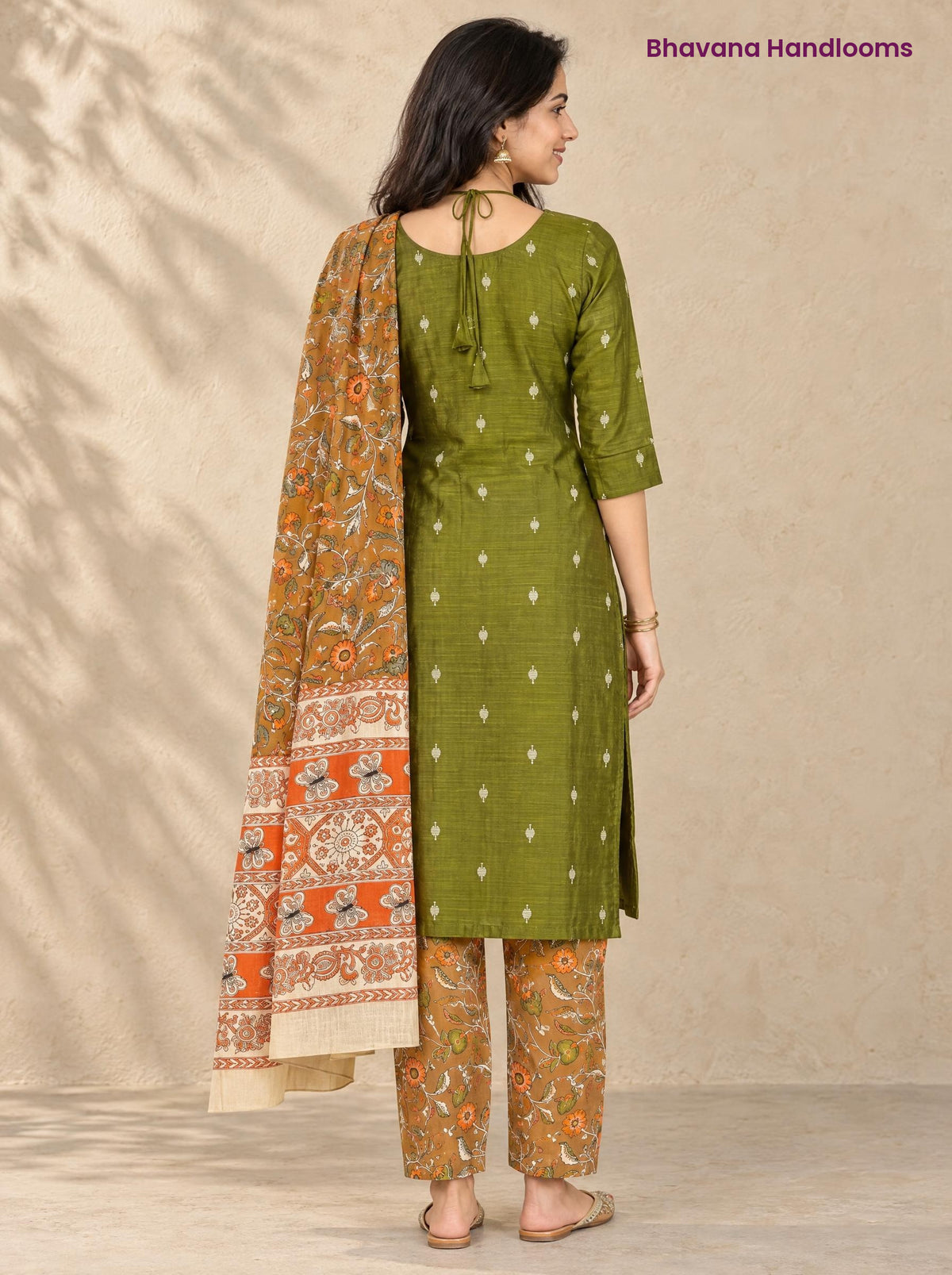 Olive Green Raw Silk 3PC Set · Mustard Brown Kalamkari Dupatta