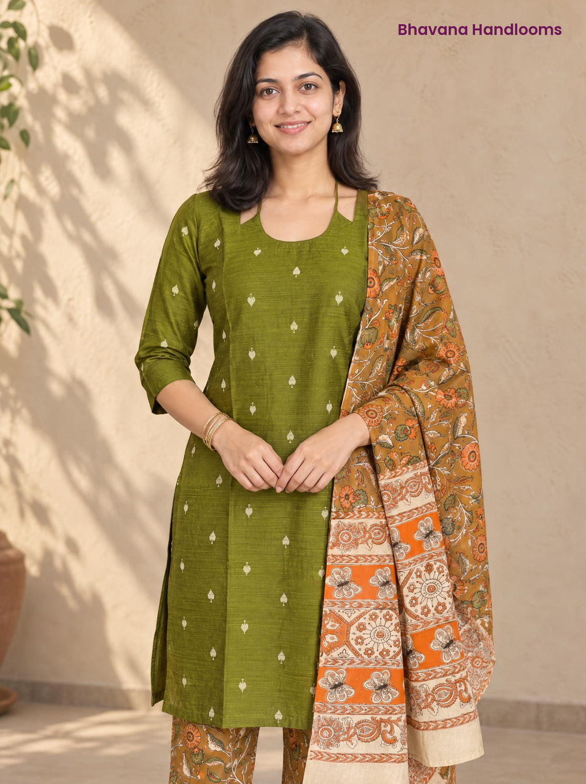 Olive Green Raw Silk 3PC Set · Mustard Brown Kalamkari Dupatta