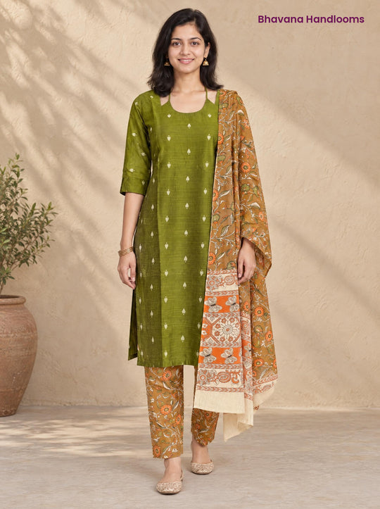 Olive Green Raw Silk 3PC Set · Mustard Brown Kalamkari Dupatta
