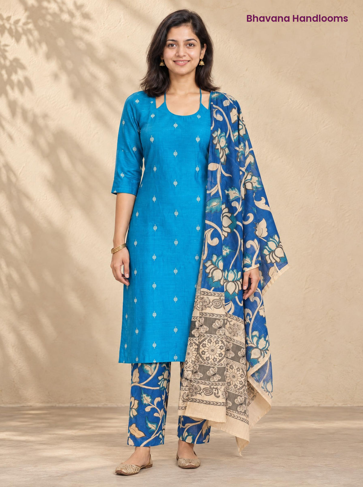 Sky Blue Raw Silk 3PC Set · Royal Blue Kalamkari Dupatta