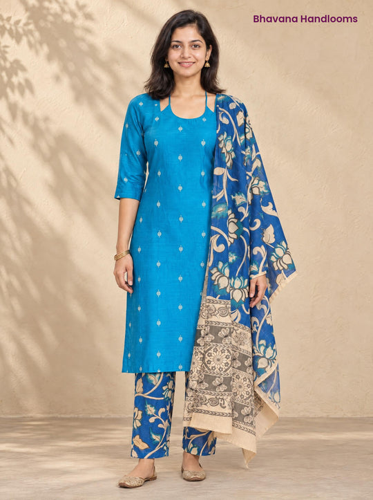 Sky Blue Raw Silk 3PC Set · Royal Blue Kalamkari Dupatta