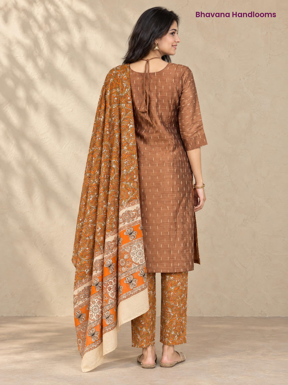 Brown Raw Silk 3PC Set · Brown & Orange Kalamkari Dupatta