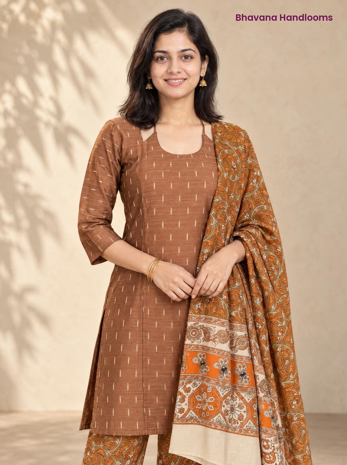 Brown Raw Silk 3PC Set · Brown & Orange Kalamkari Dupatta