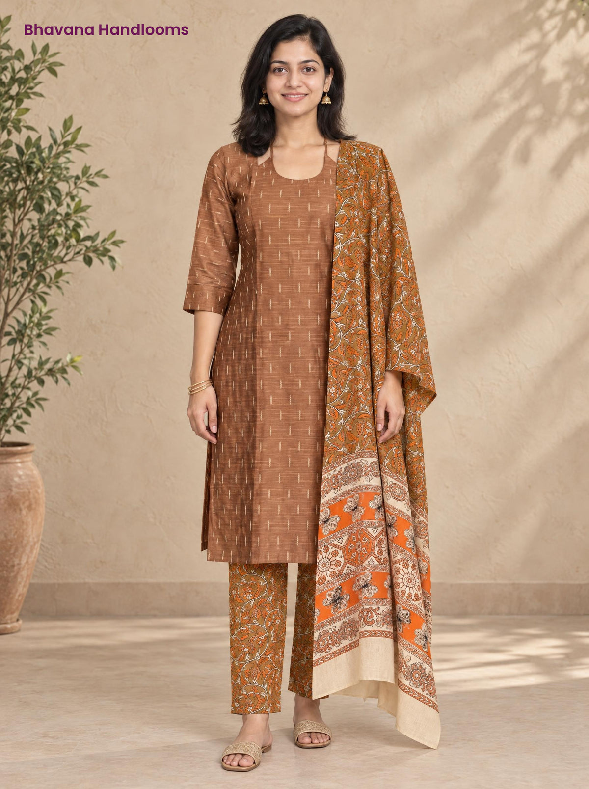 Brown Raw Silk 3PC Set · Brown & Orange Kalamkari Dupatta