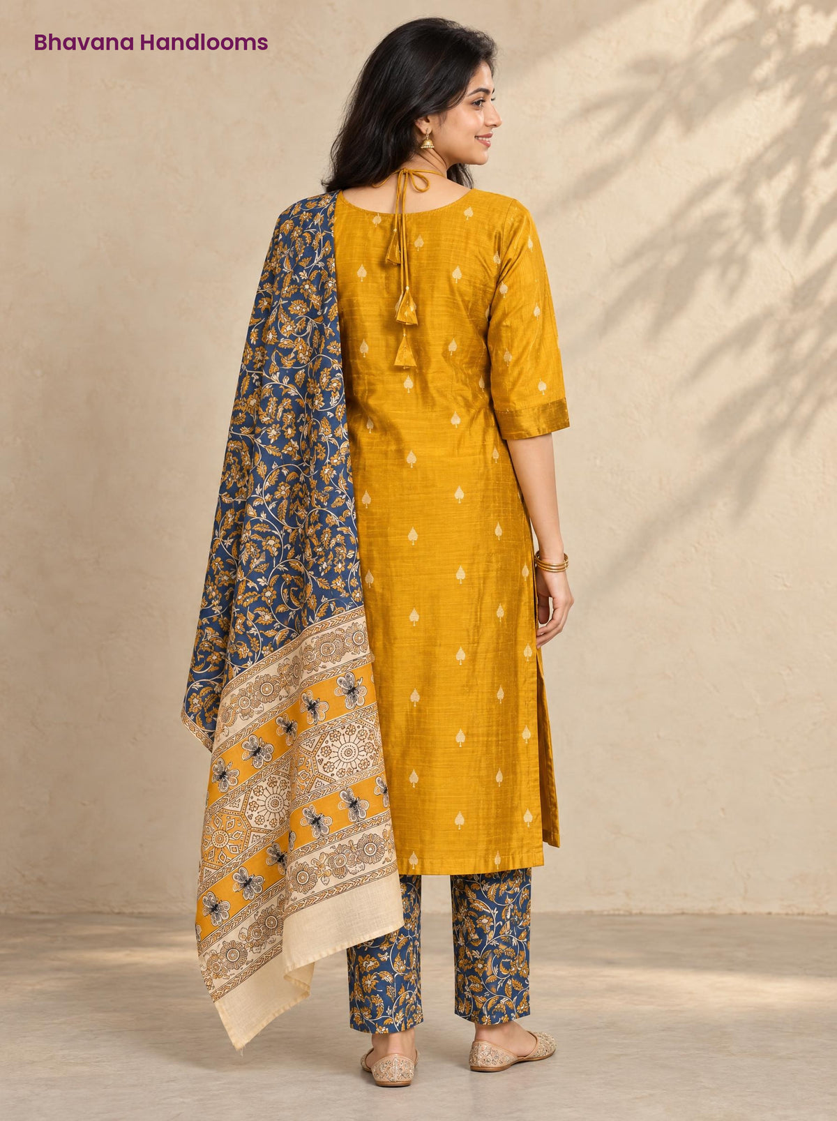 Mustard Yellow Raw Silk 3PC Set · Navy Blue Kalamkari Dupatta