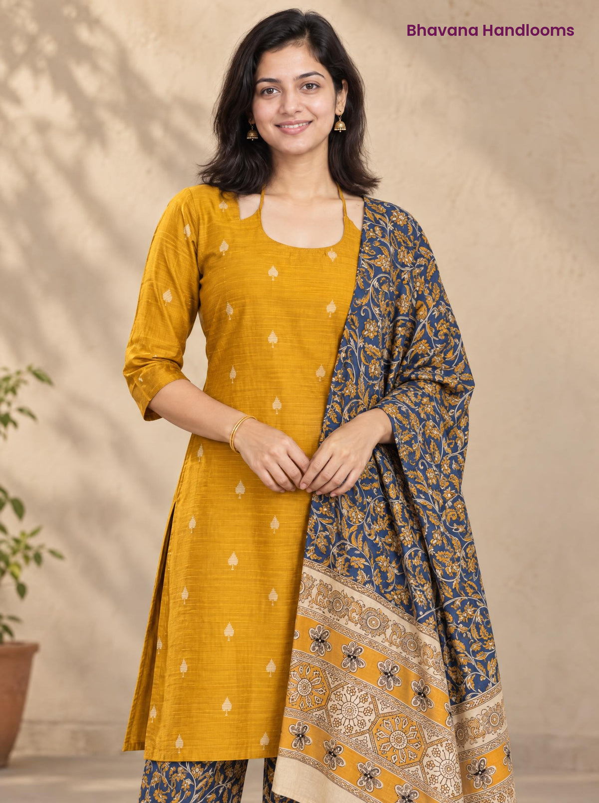 Mustard Yellow Raw Silk 3PC Set · Navy Blue Kalamkari Dupatta
