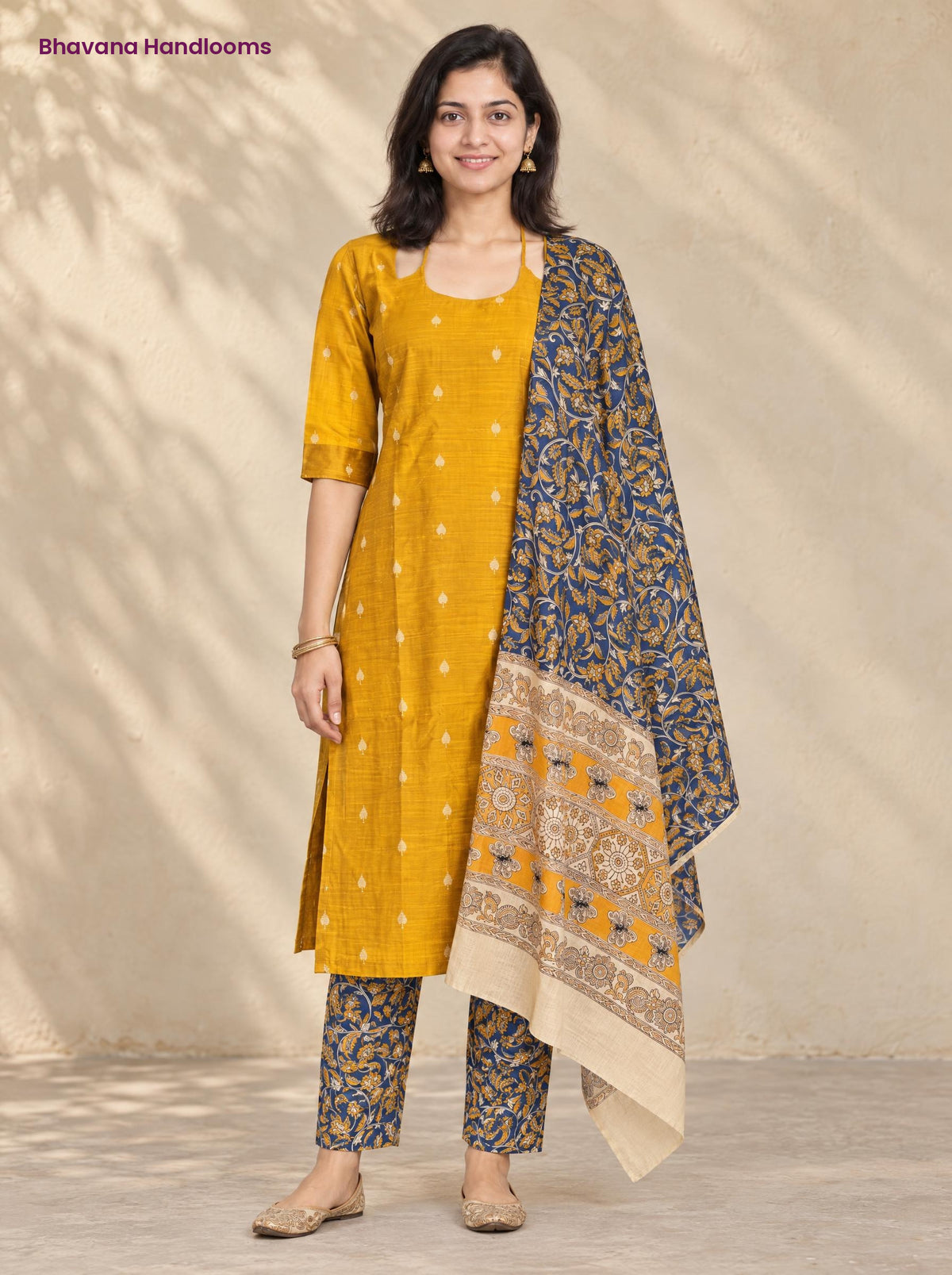 Mustard Yellow Raw Silk 3PC Set · Navy Blue Kalamkari Dupatta