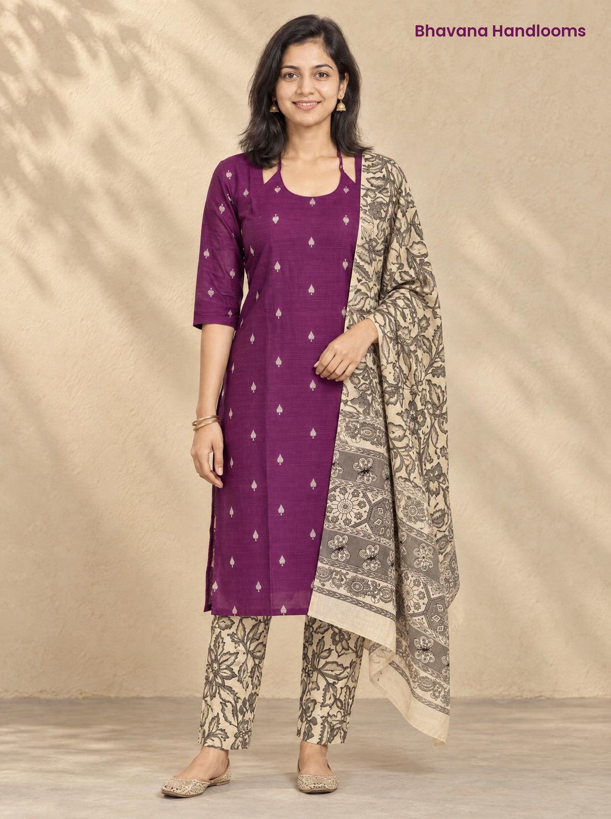 Magenta Raw Silk 3PC Set · Grey & Cream Kalamkari Dupatta