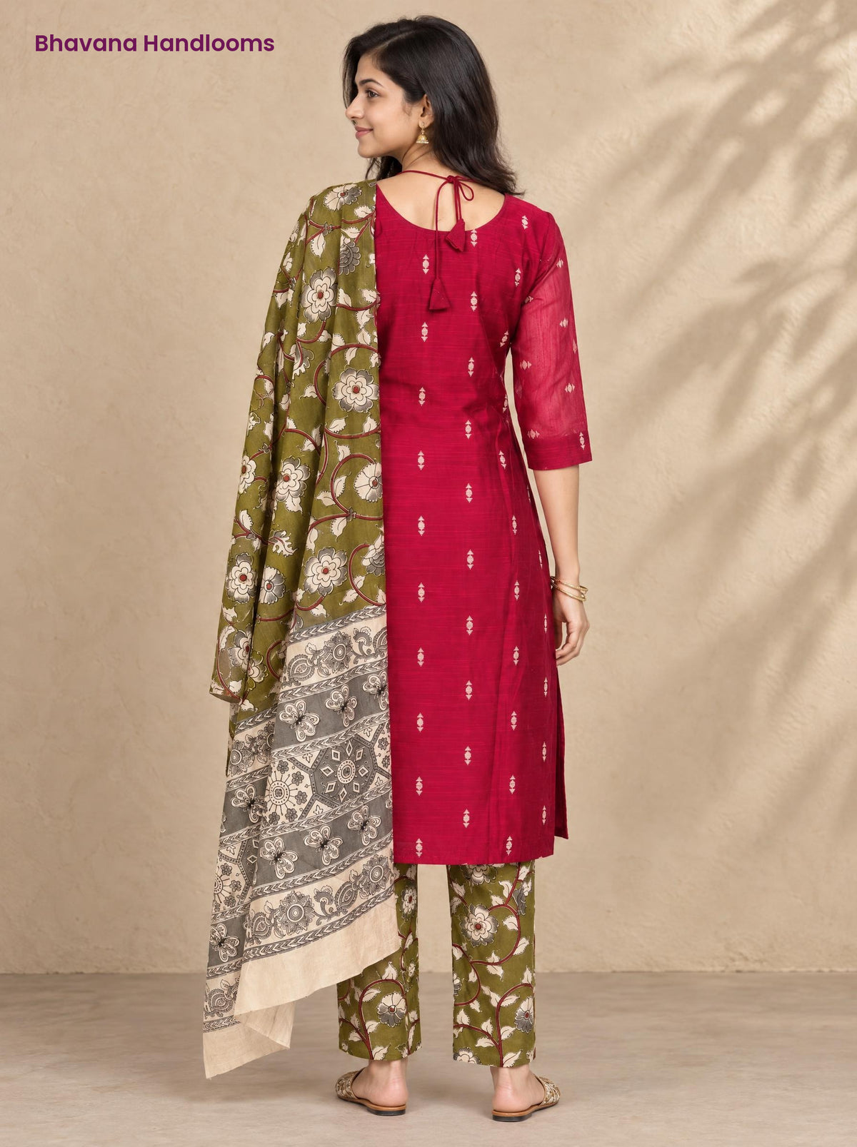 Rani Pink Raw Silk 3PC Set · Olive Green Kalamkari Dupatta