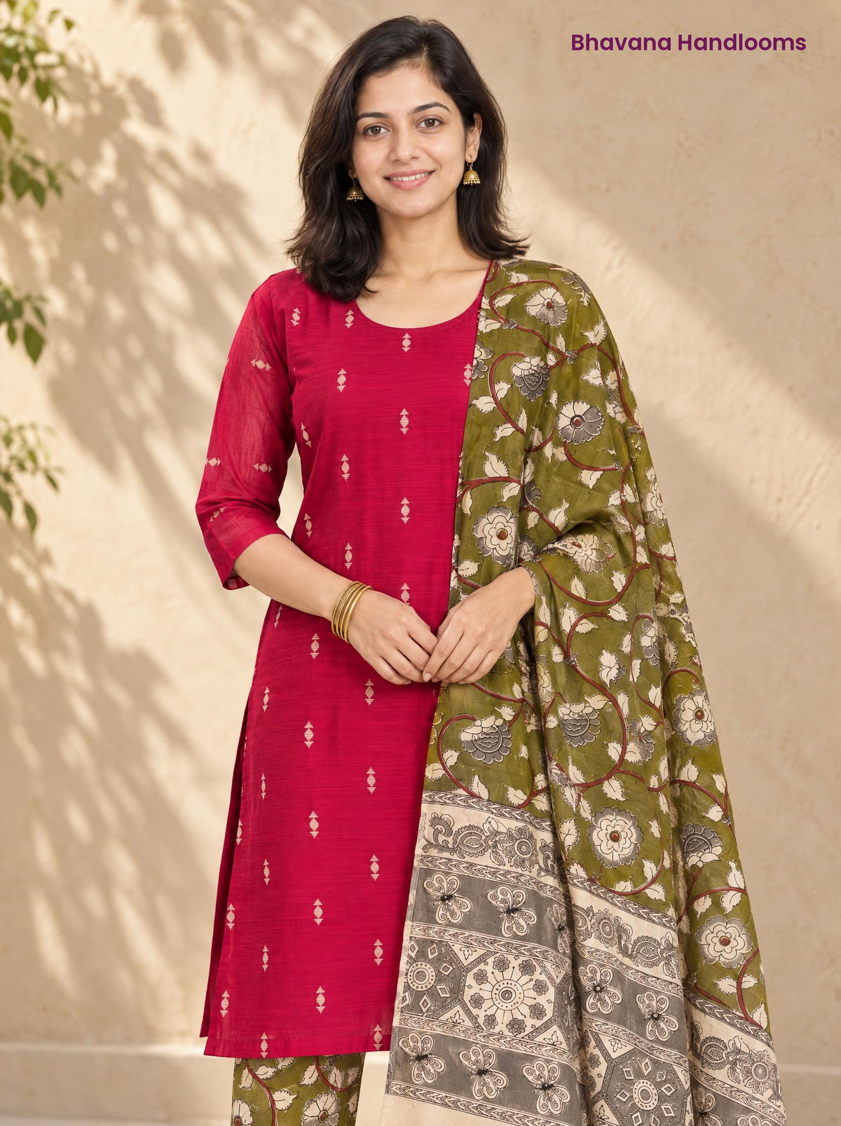 Rani Pink Raw Silk 3PC Set · Olive Green Kalamkari Dupatta