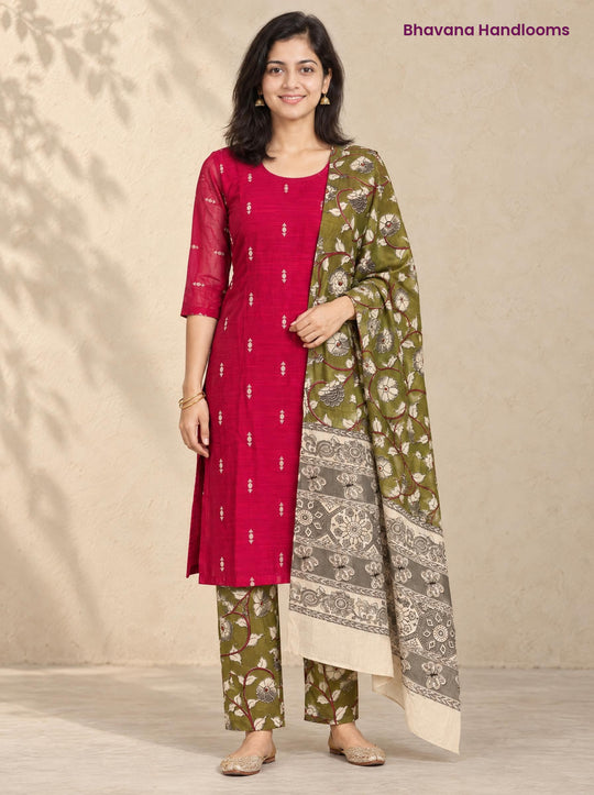 Rani Pink Raw Silk 3PC Set · Olive Green Kalamkari Dupatta