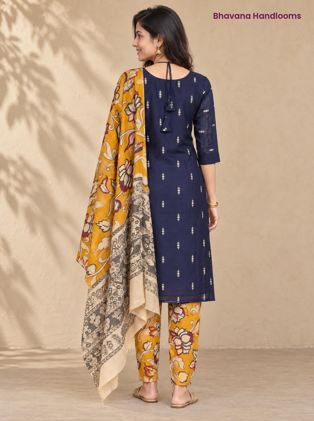 Navy Blue Raw Silk 3PC Set · Mustard Yellow Kalamkari Dupatta