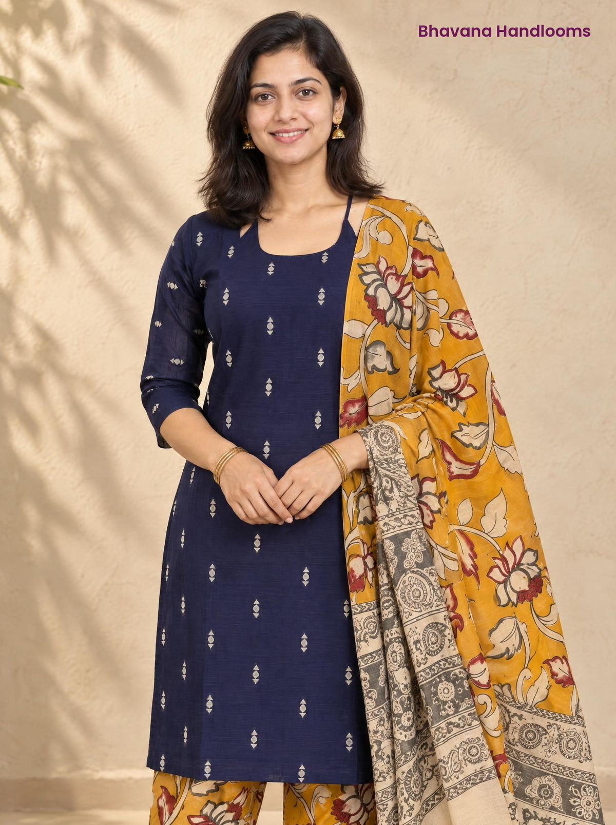 Navy Blue Raw Silk 3PC Set · Mustard Yellow Kalamkari Dupatta