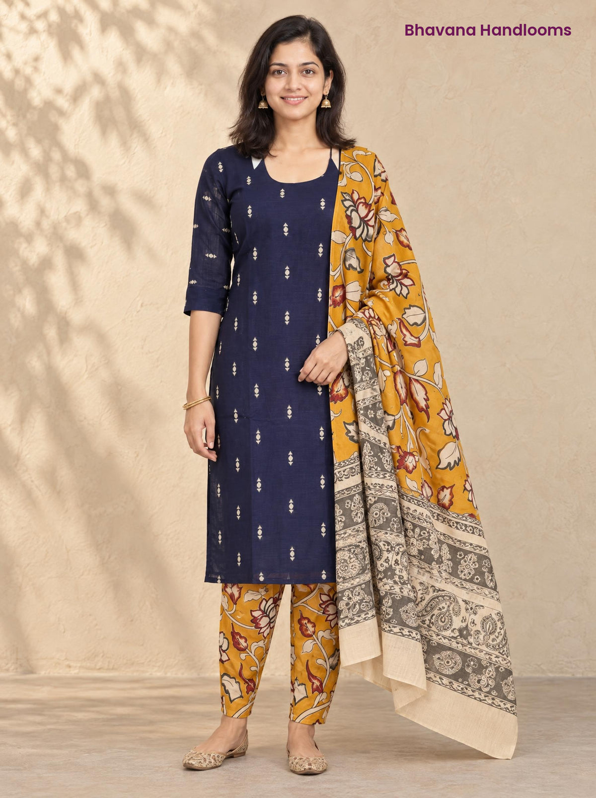 Navy Blue Raw Silk 3PC Set · Mustard Yellow Kalamkari Dupatta